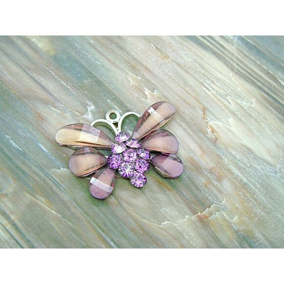Rhinestone and Acrylic Butterfly Pendant Charm Silver Tone Purple Pink 1x1" - Picture 2 of 9
